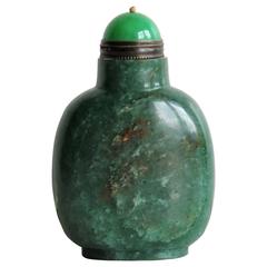 Antique Chinese Snuff Bottle Natural Agate Mottled Green Stopper with Spoon, Ca 1920s