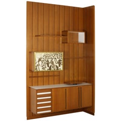 Mobile da salotto Pannello serigrafato in ottone impiallacciato teak e formica, anni '60