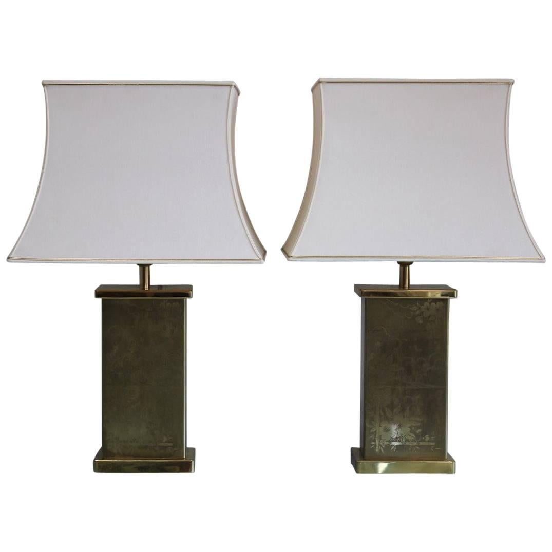 1970s Pair of French Chinoiserie Brass Table Lamps
