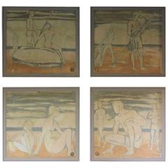 Decorative Set of Four 1940s-1950s Painted Panels from an Artist's Studio