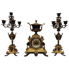French Bronze Clock Garniture with Urn and Lion Motif by Japy Freres