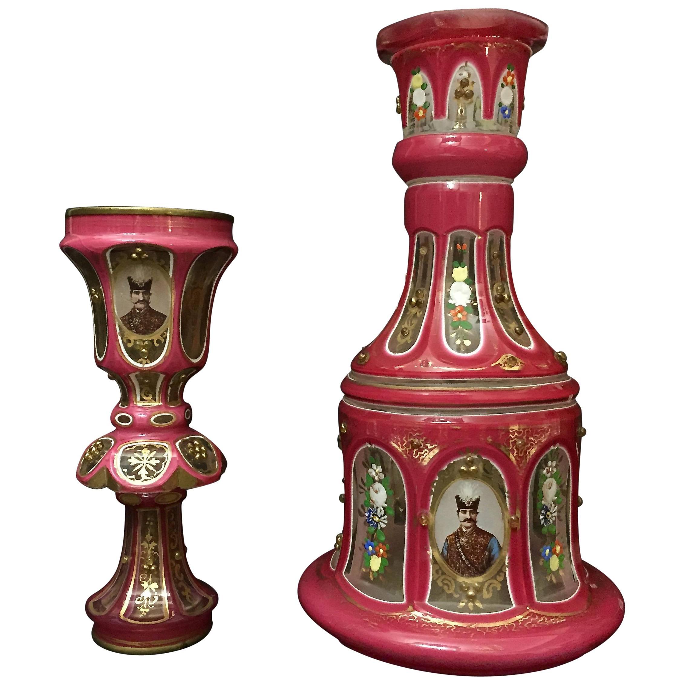 Bohemian Gilt and Enamel Glass Nargileh Base and Cup Depicting Shahs For Sale