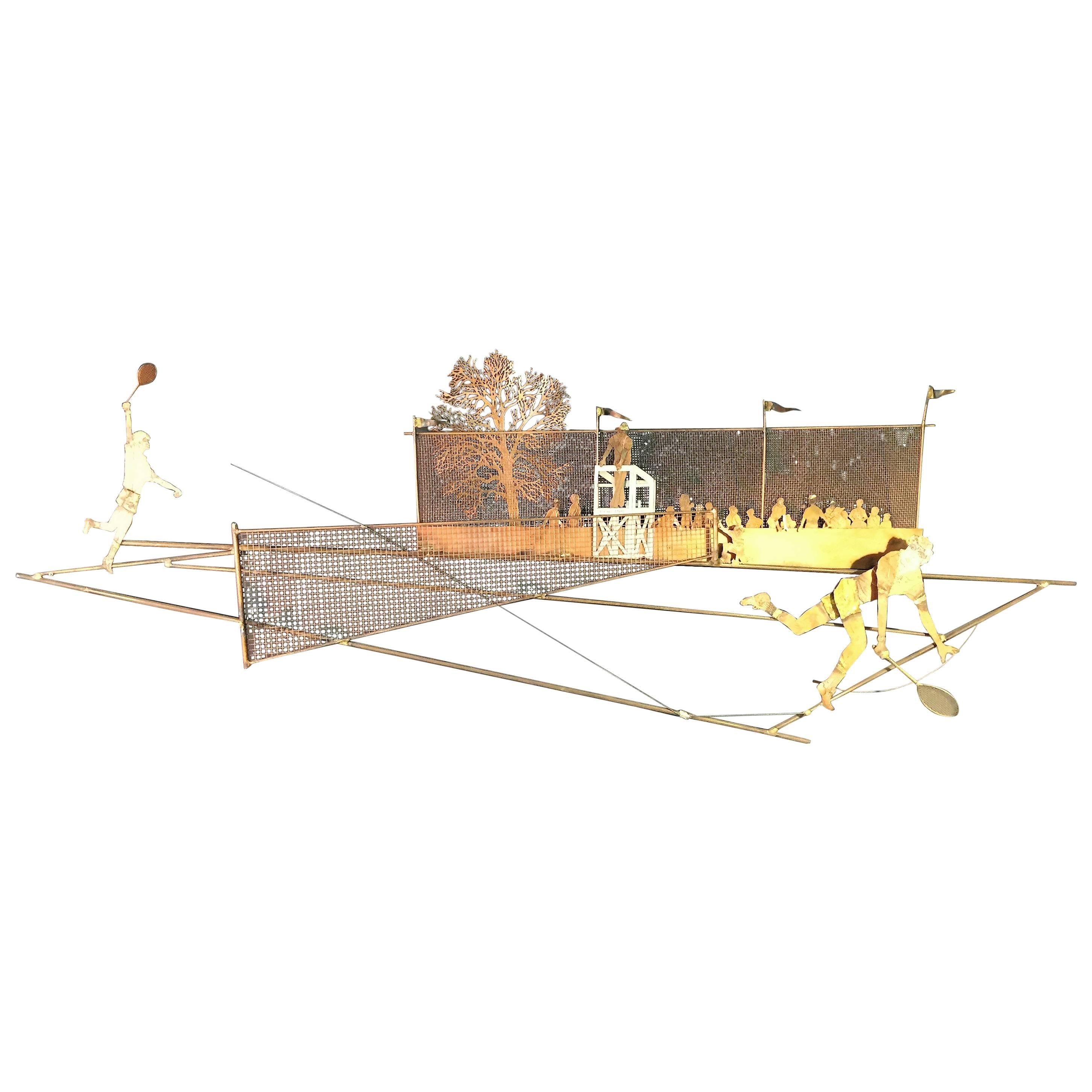 Wonderful Mixed Metals Three Dimensional Tennis Match Wall Sculpture by Bijan For Sale