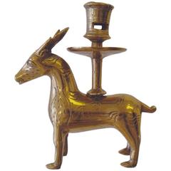 Antique 16th Century Yellow Brass Candlestick depicting Deer
