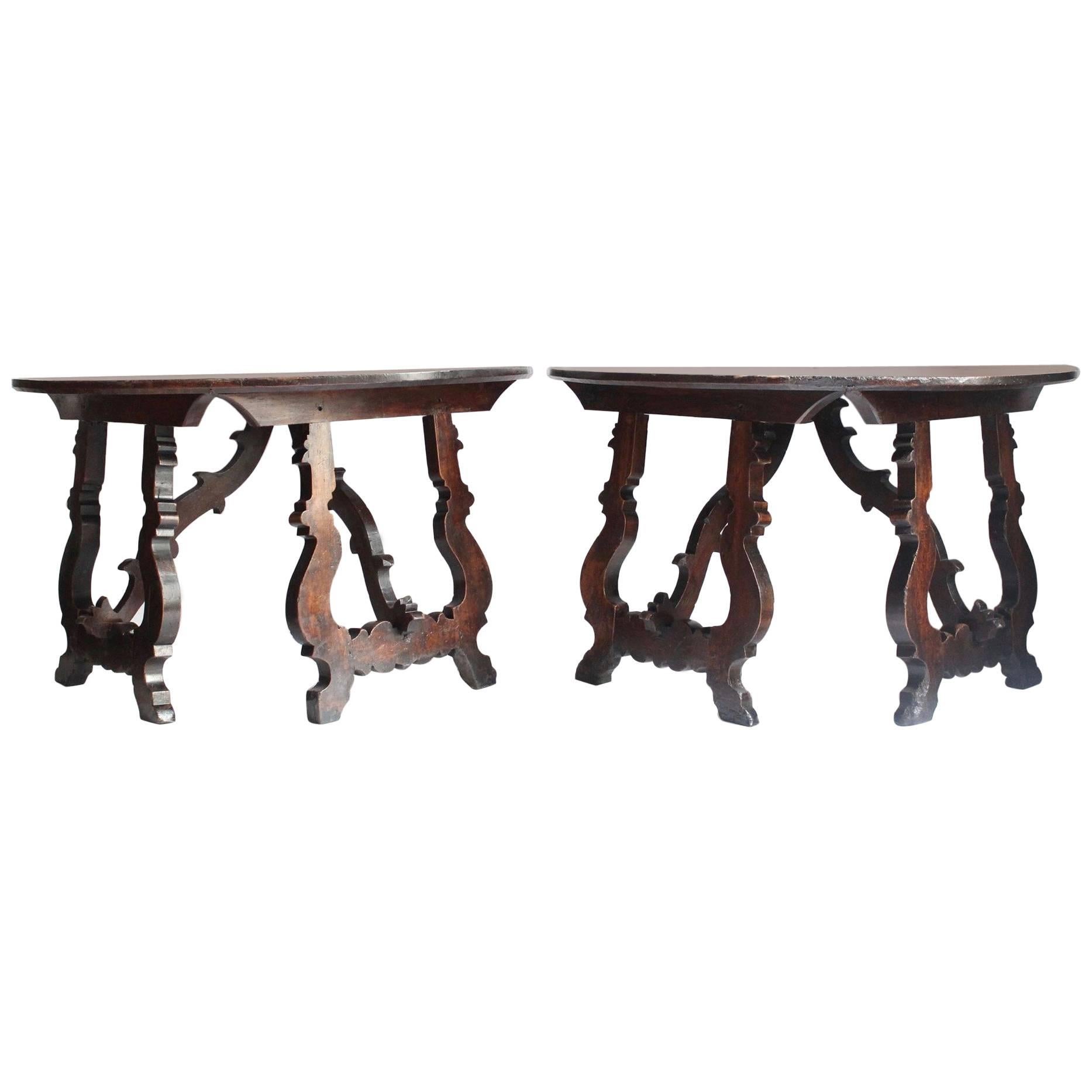 Pair of Walnut Demilune Console Tables, Italy, Tuscany, 17th Century For Sale