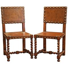 Pair of Early 20th Century Spanish Walnut Barley Twist Chairs with Brown Leather