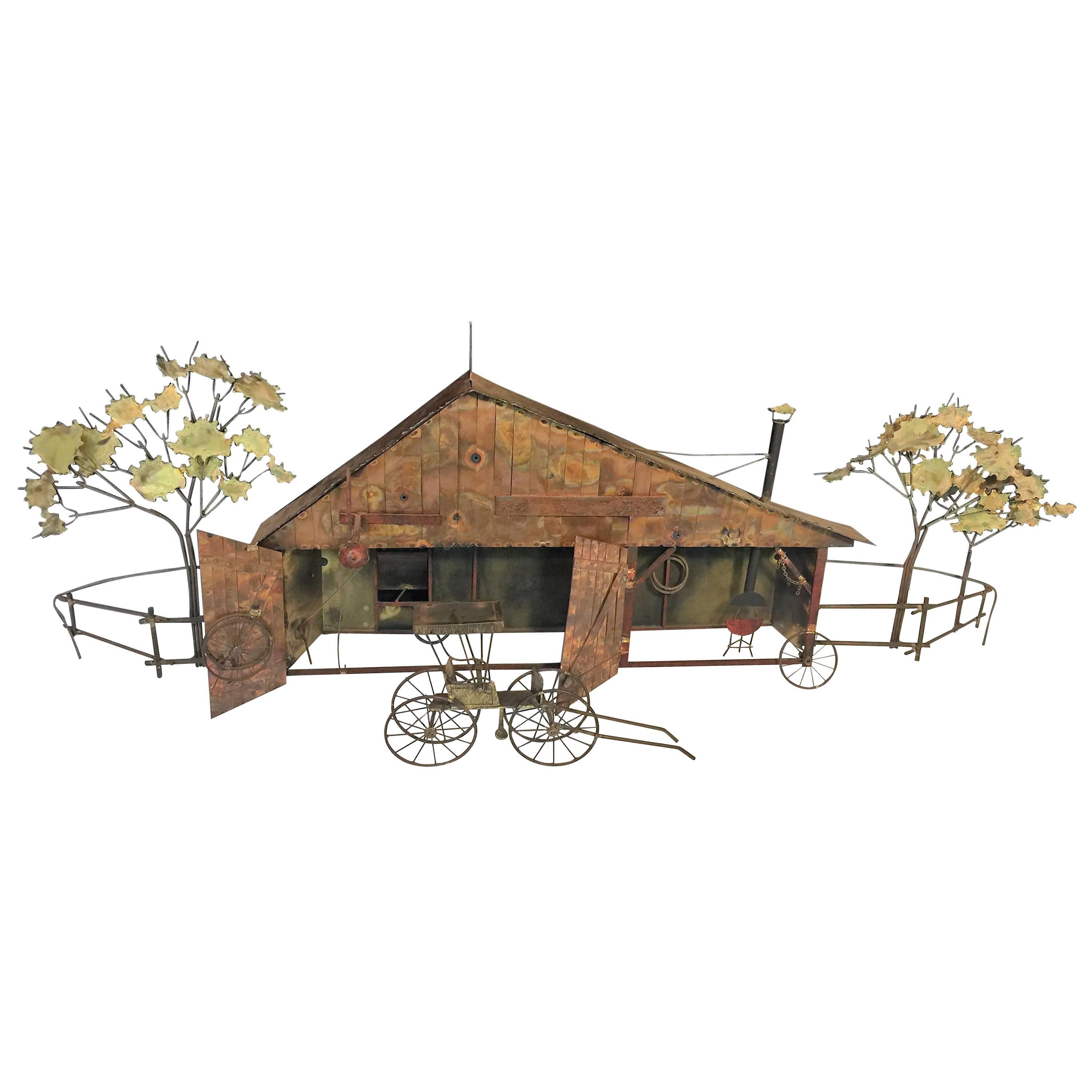 Whimsical Curtis Jere Brutalist Barn and Horse Carriage Wall Sculpture For Sale