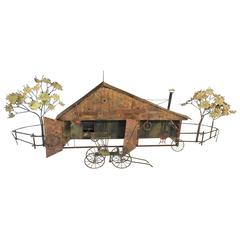 Whimsical Curtis Jere Brutalist Barn and Horse Carriage Wall Sculpture