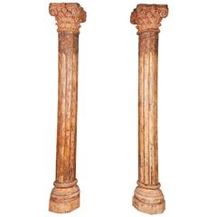 Pair of Orange Tall Indian Teak Wood Pillars 1