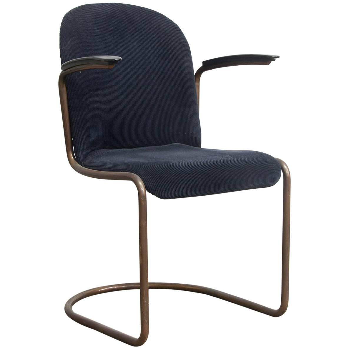1935, W.H. Gispen for Gispen, Copper, 413R Side Chair in Blue Corduroi Fabric For Sale