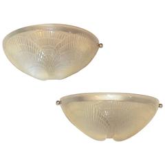 Signed Pair R Lalique Double Coquille Opalescent Frosted Nickel Art Deco Sconces