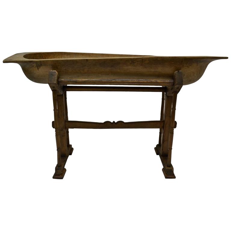 Large Fruitwood Dough Bowl on Oak Stand For Sale at 1stdibs
