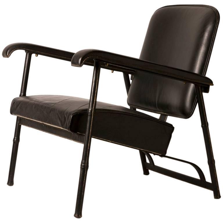 Hand Stitched French Leather Lounge Chair by Jacques Adnet
