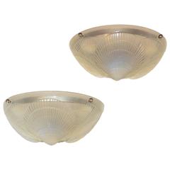 Signed Pair of R. Lalique Single Coquille Opalescent Frosted Deco Sconces