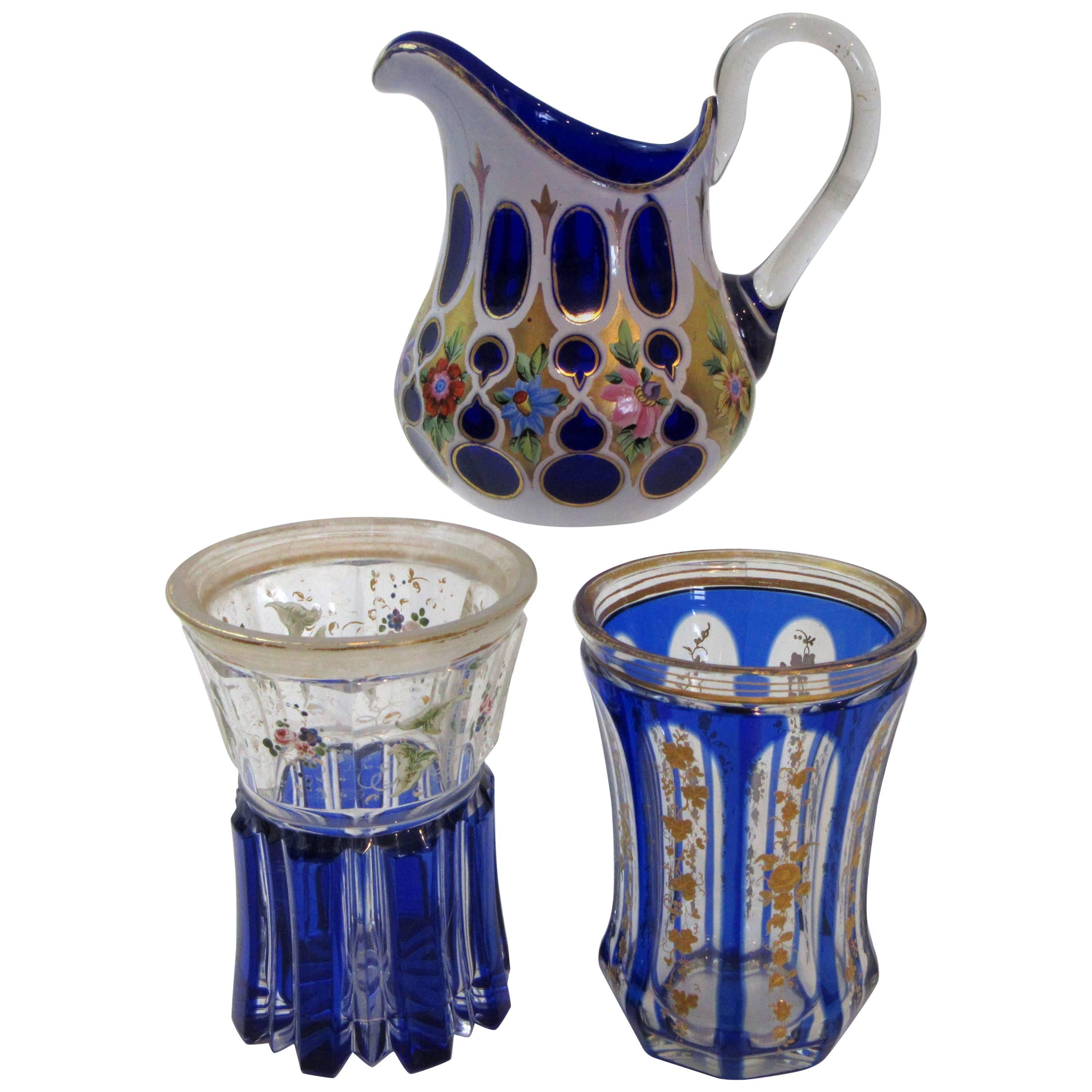 Group of Three Vintage Bohemain Cobalt Glassware Pieces