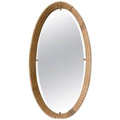 Mid-Century French Oval Woven Rattan Mirror