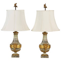 Pair of 19th Century, French Green Marble Lamps with Gilt Mounts and Finials