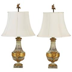 Pair of 19th Century, French Green Marble Lamps with Gilt Mounts and Finials 12
