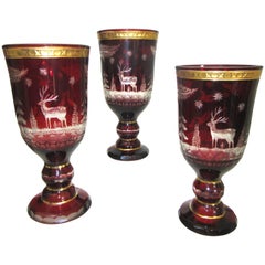 Group of Three Large Ruby Red Bohemain Glass Goblets