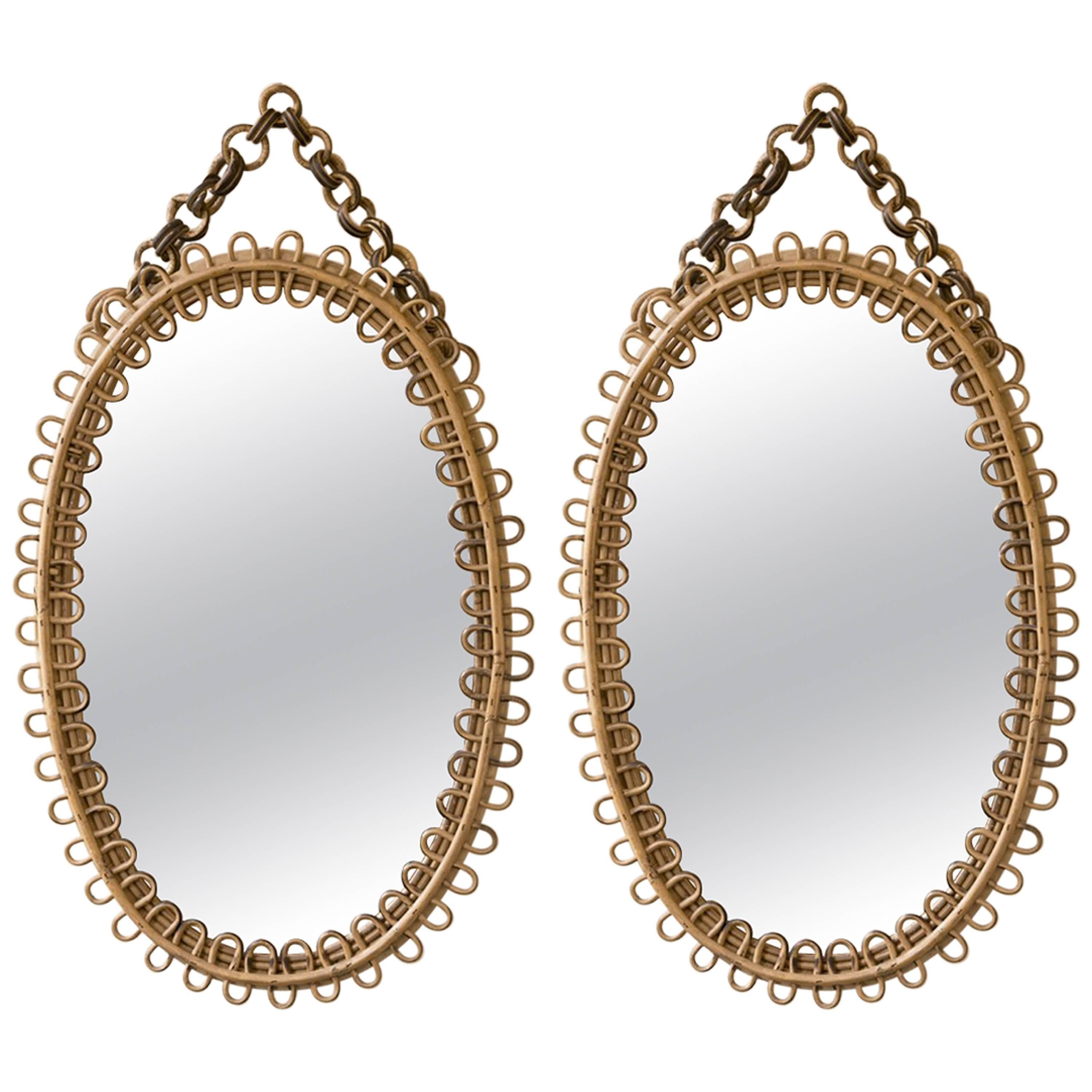 Pair of Mid-Century French Oval Bent Bamboo Mirrors