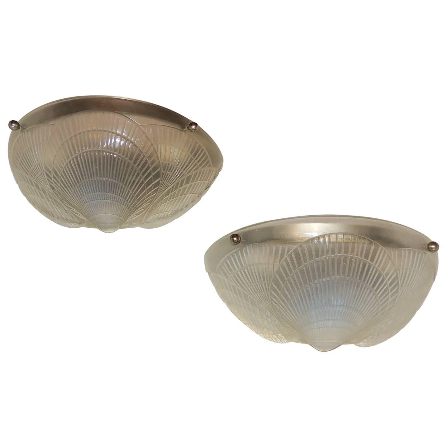 Beautiful Pair R. Lalique Manner Single Coquille Opalescent Frosted Deco Sconces