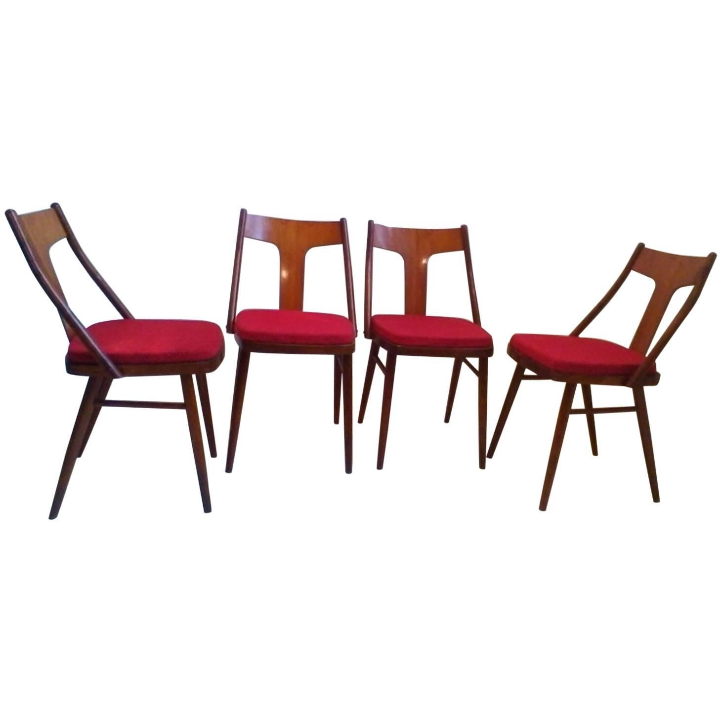 Set of Four Art Deco Armchairs in Walnut and Beech