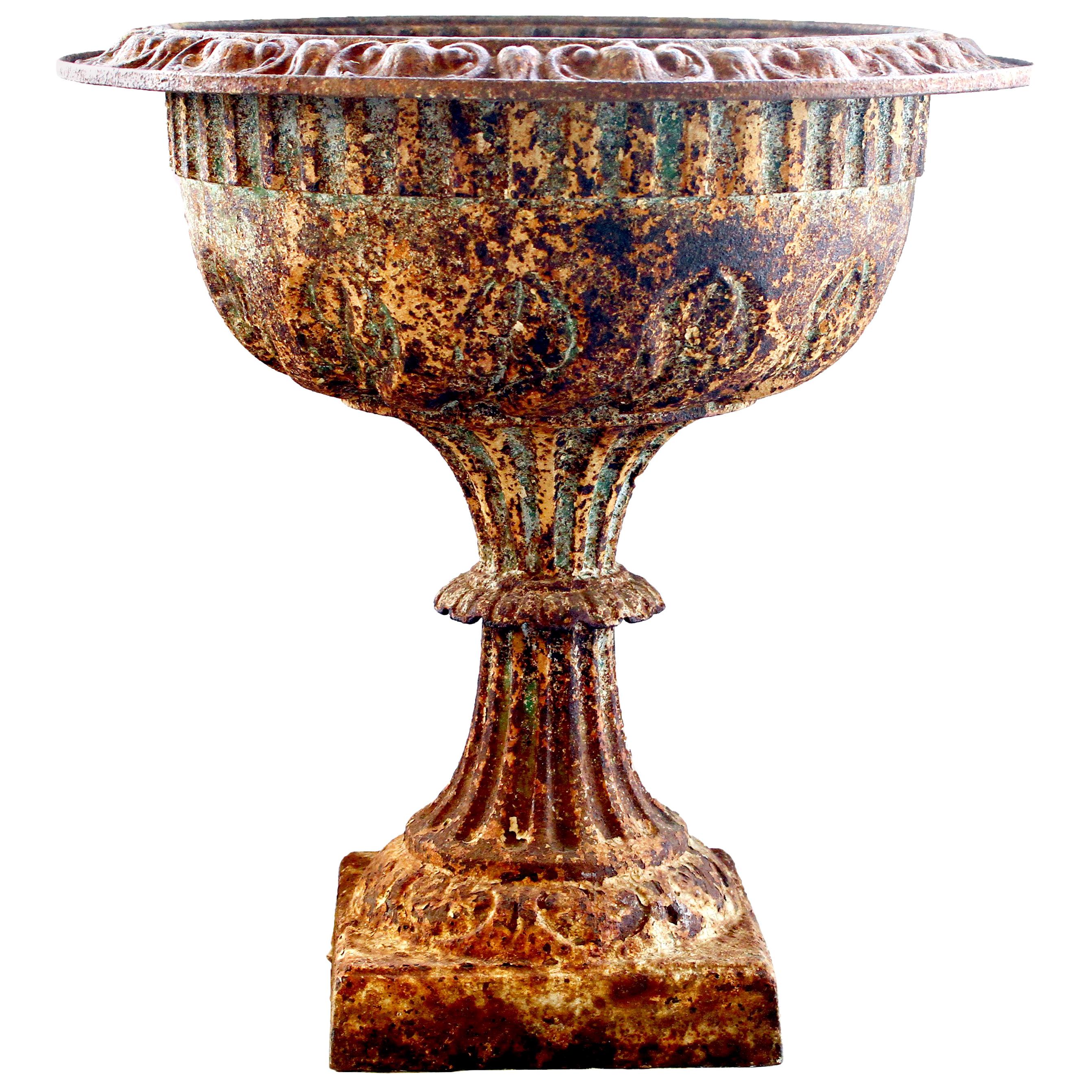 19th Century Cast Iron Urn with Leaf and Groove Design For Sale