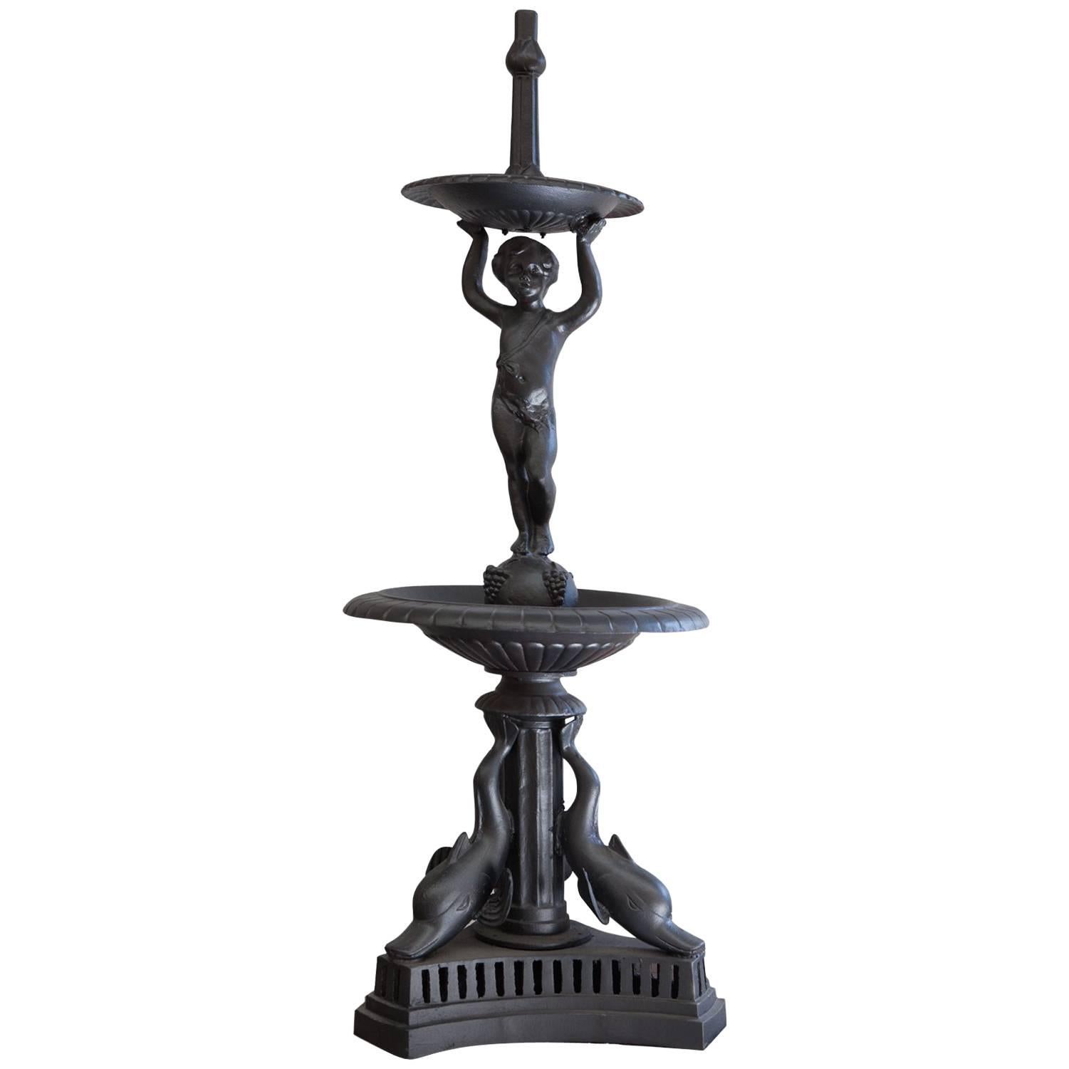 Vintage Cast Iron Two-Tier Cherub Dolphin Reclaimed Fountain