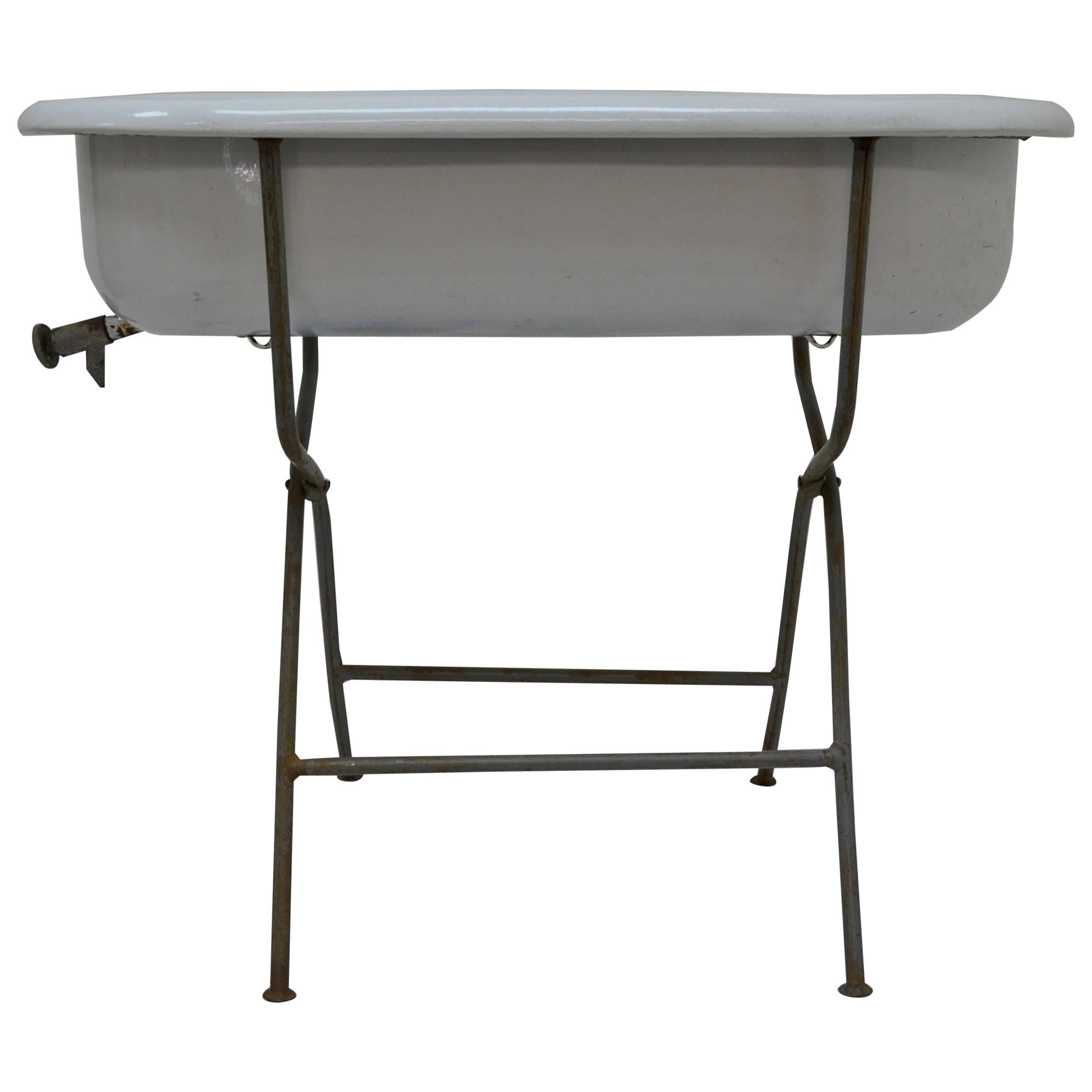 Vintage Porcelain Enameled Baby Bath on Folding Wrought Iron Stand