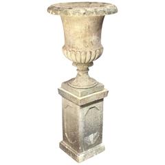 English Garden Stone Urn on Plinth in the Classical Style