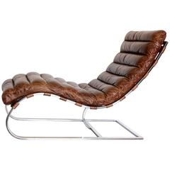 French Distressed Tufted Leather Chaise Longue Chair with Chrome Base