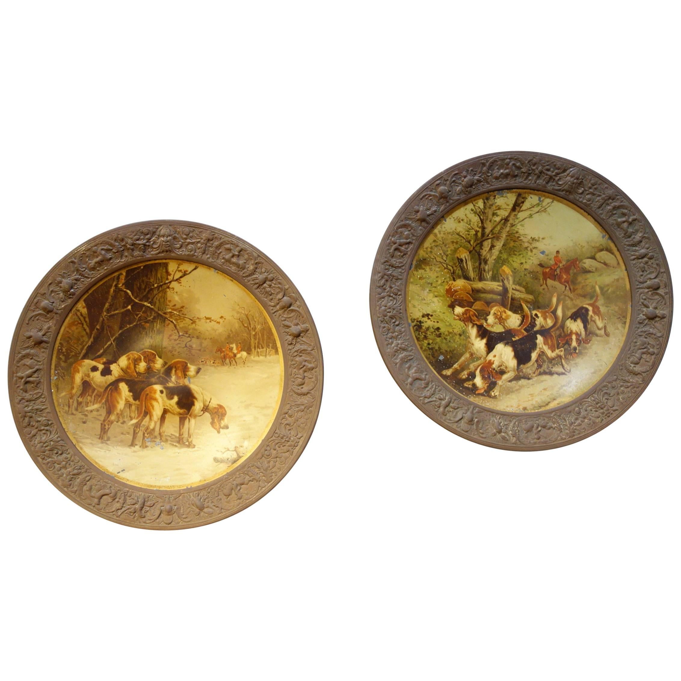 Pair of Early 19th Century Art Antique Hunting Scenes on Concave Tin Plates 1850