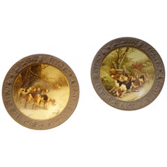 Pair of Early 19th Century Art Vintage Hunting Scenes on Concave Tin Plates 1850