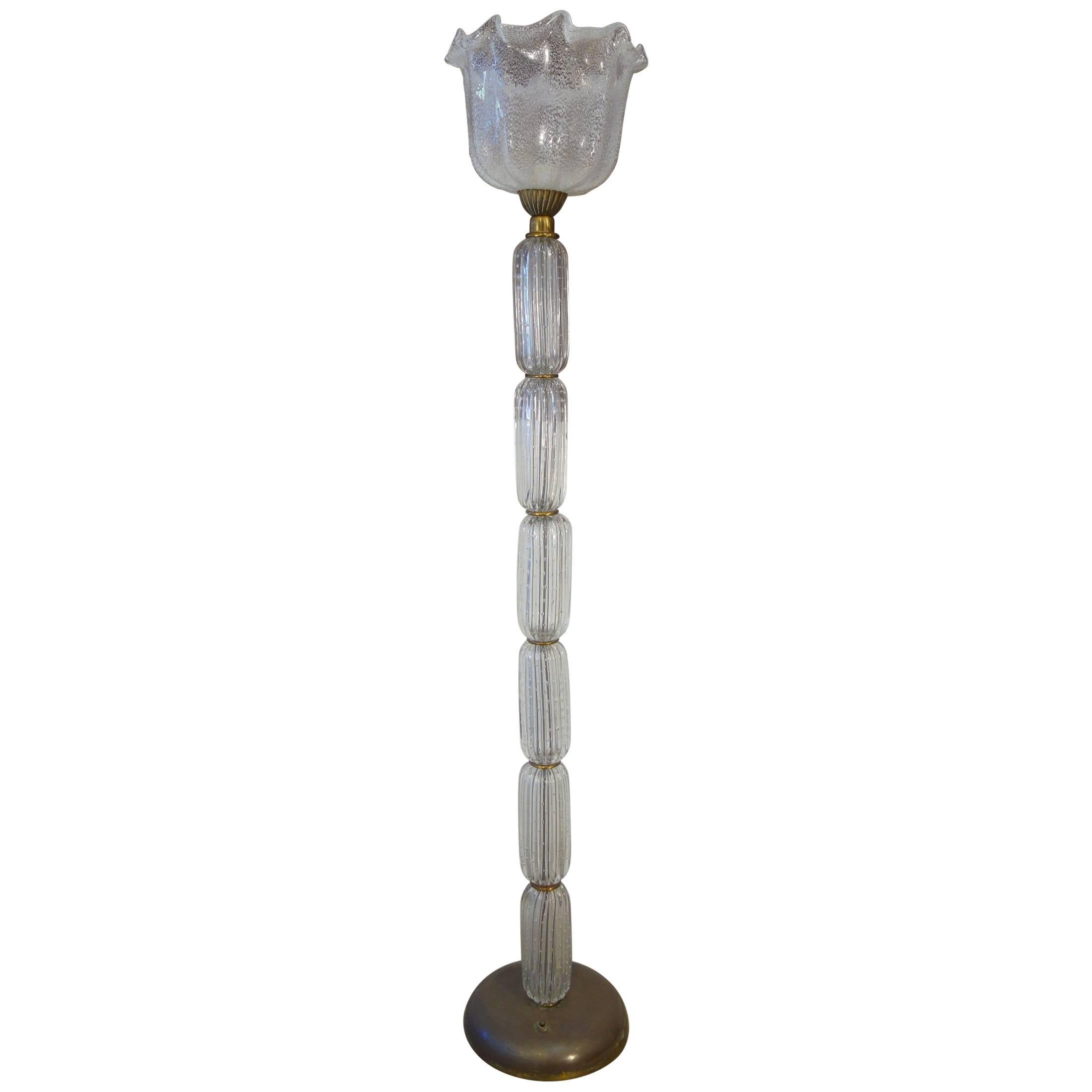 Vintage Italian Mid Century Murano Bubble Glass and Brass Torchiere