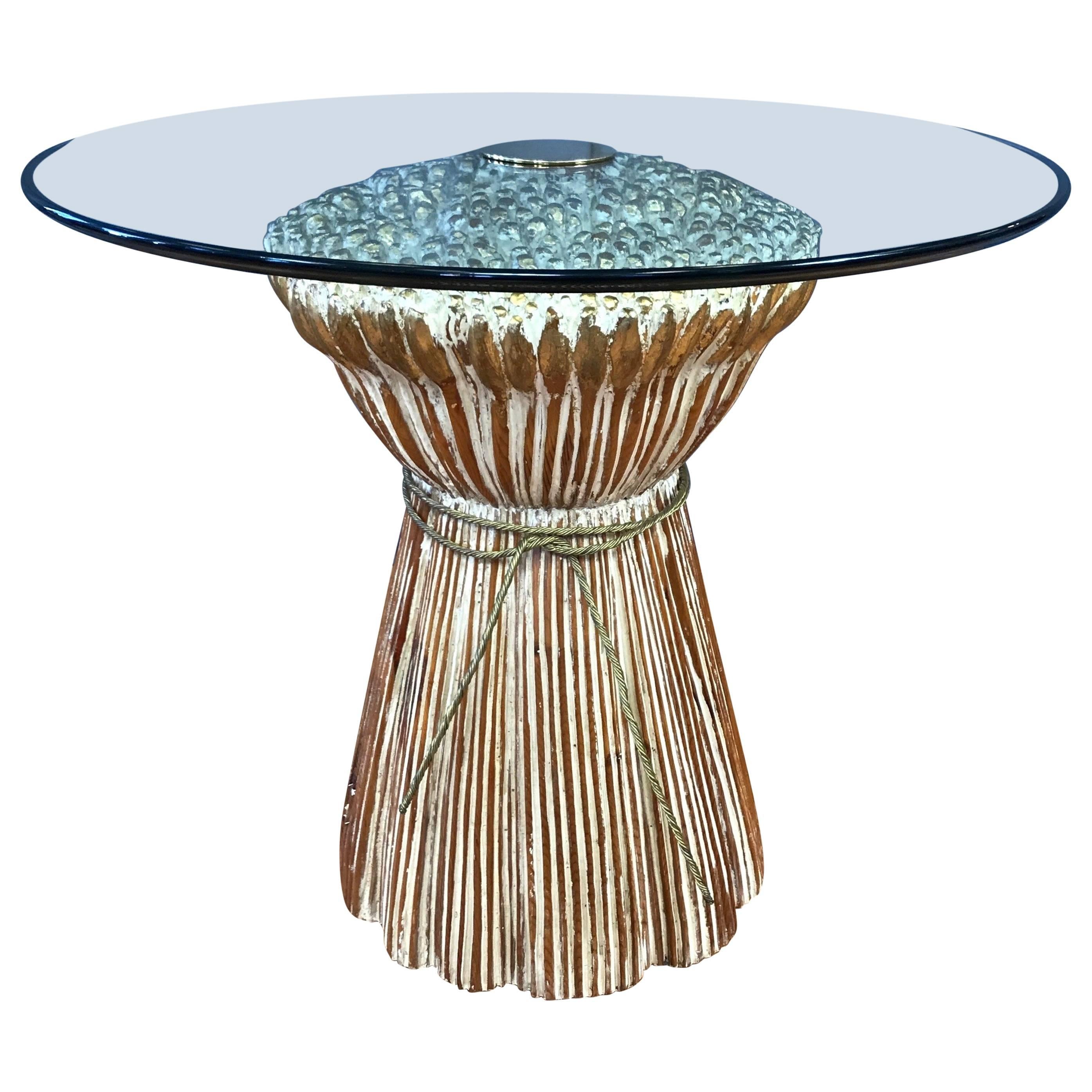 Sculptural Carved Wood Wheat Sheaf Table with Glass Top For Sale