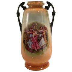 Antique Austrian Porcelain Hand-Painted Two Handle Vase, "Oriental Dancers" Signed