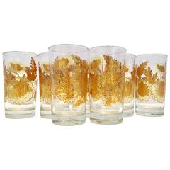 Set of Eight Mid-Century 22-Karat Gold Sunflower High Ball Glasses