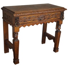 19th Century Hand-Carved Side Table with Drawer, Lion Heads, Green Man and Fruit