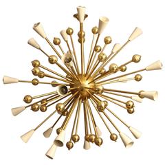White and Brass Sputnik Chandelier in Stilnovo Style