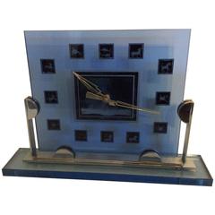 Vintage Art Deco Zodiac Clock in Blue Glass and Chrome