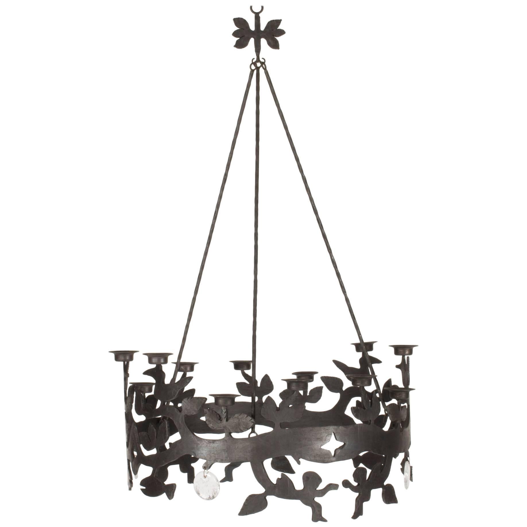 Wrought Iron and Glass Chandelier by Bertil Vallien For Sale