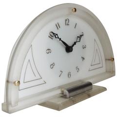 American Hollywood Regency Lucite and Aluminium Demilune Mechanical Table Clock