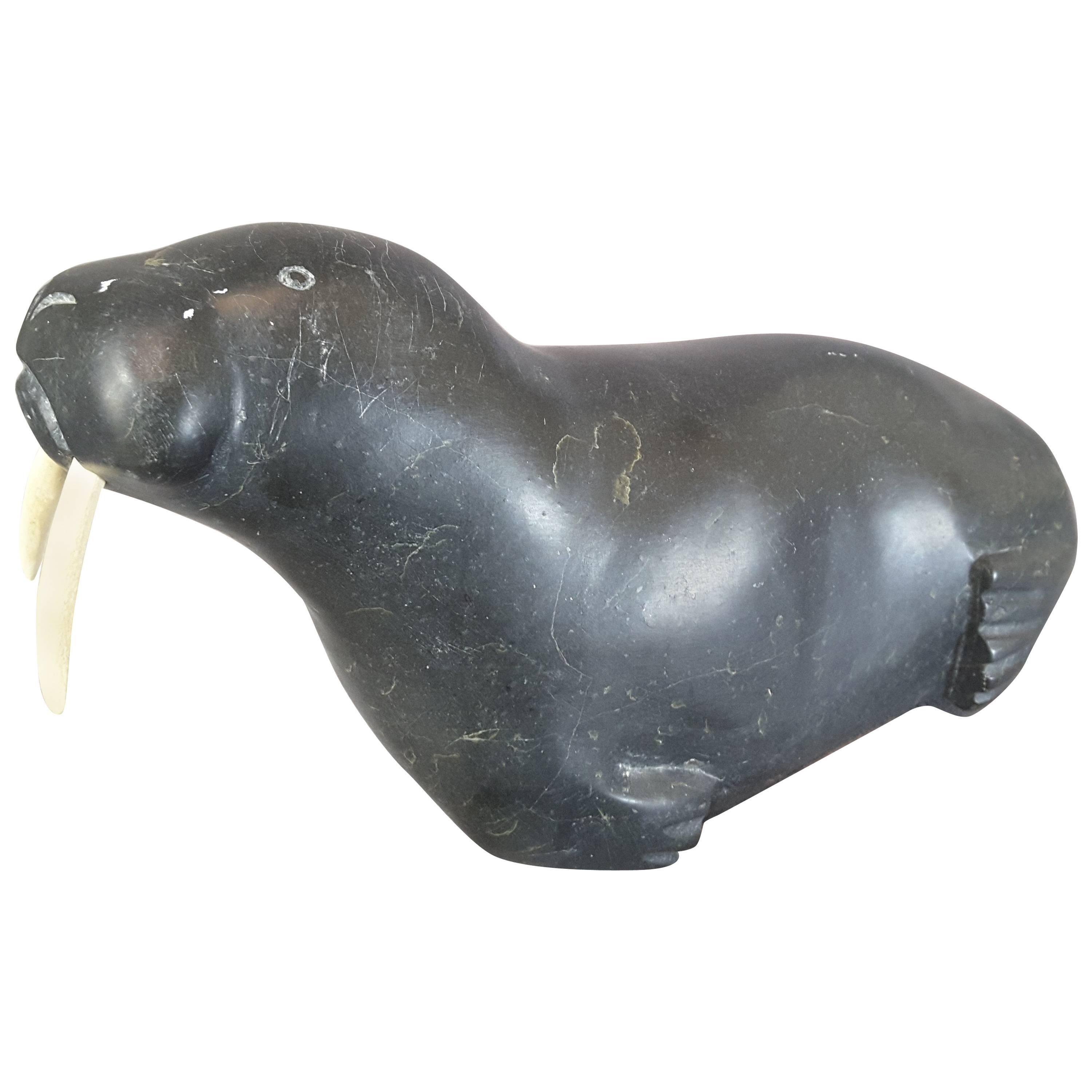 Large Inuit Soapstone Sculpture of a Walrus with Tusks by Ragee Kupapik E7837 For Sale