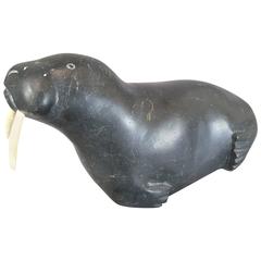 Large Inuit Soapstone Sculpture of a Walrus with Tusks by Ragee Kupapik E7837 8