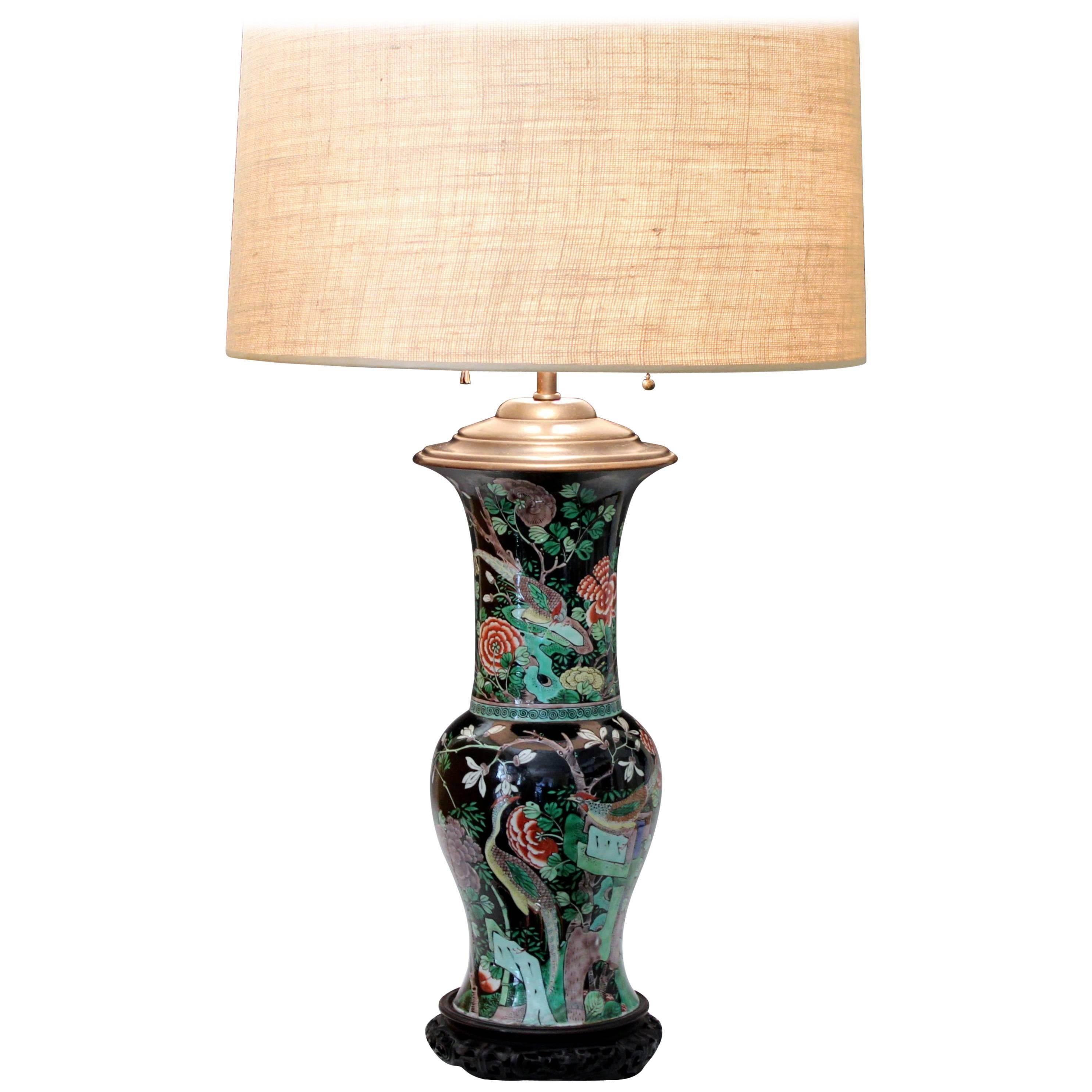 Antique Famille Noire Verte Chinese Porcelain Vase Lamp Kangxi Mark