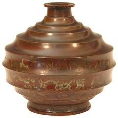 Vintage Japanese Patinated Bronze Space Age Ribbed Verdigris Bottle Vase