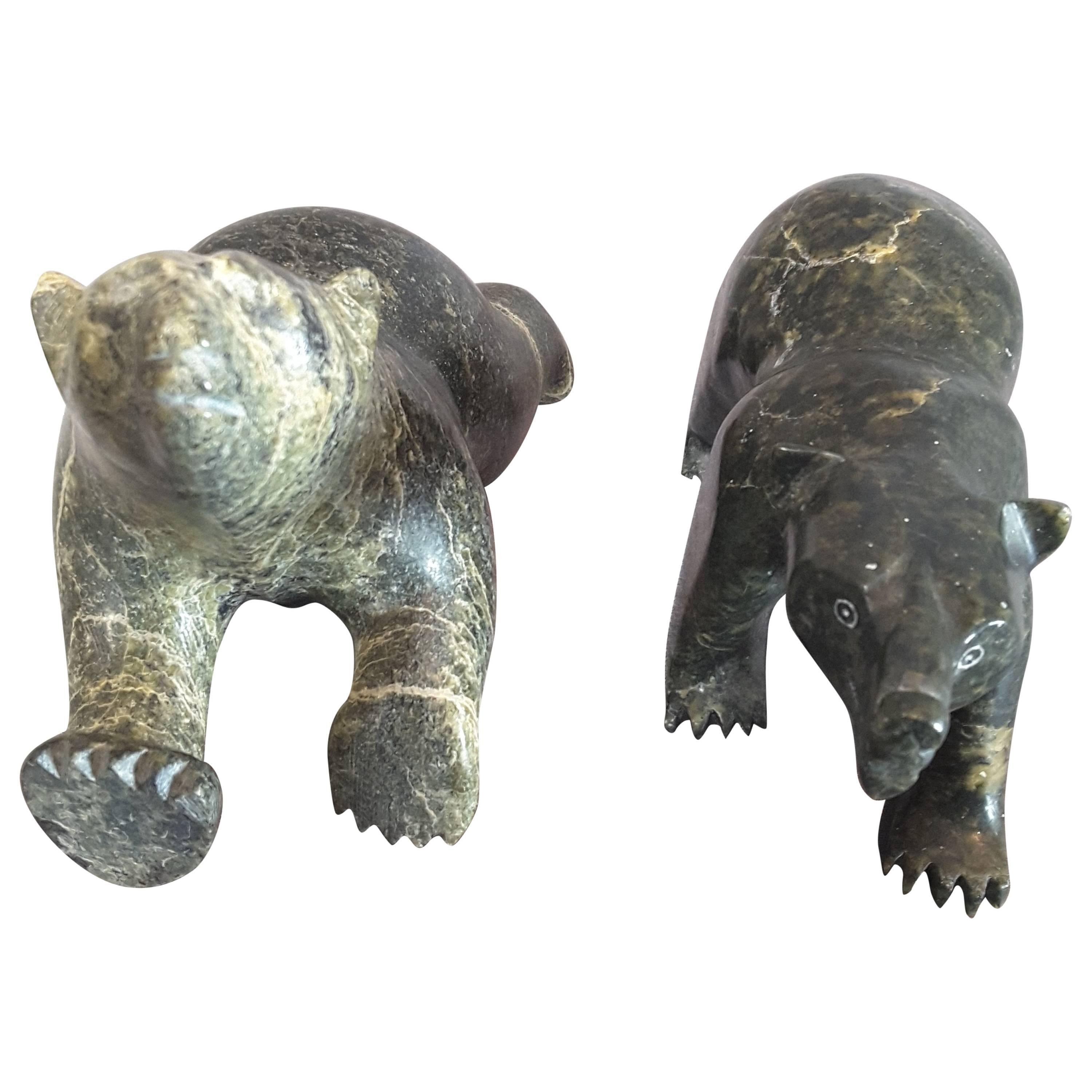 Pair of Inuit Soapstone Bear Sculptures, circa 1960-1970