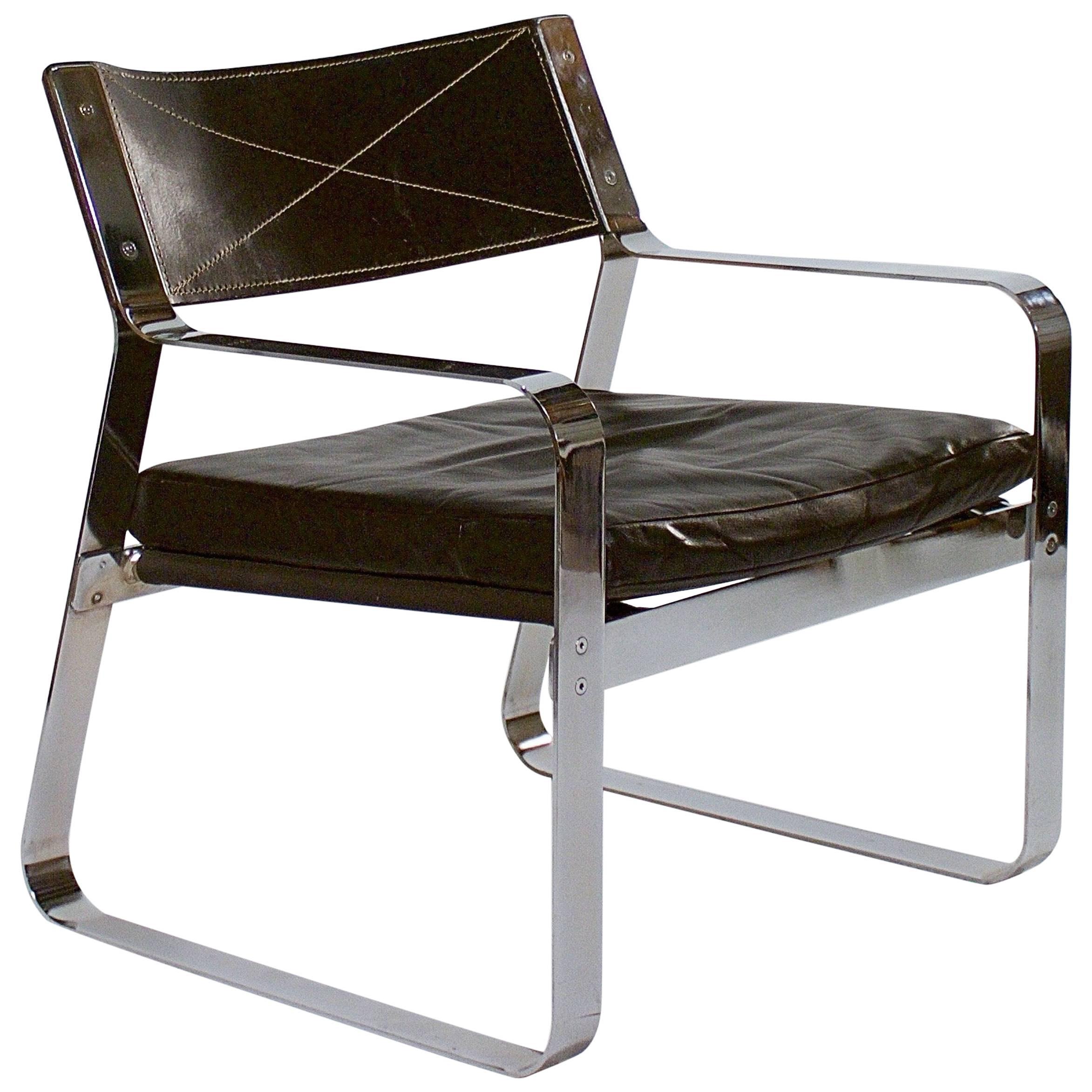 Polished Steel and Black Leather Armchair For Sale