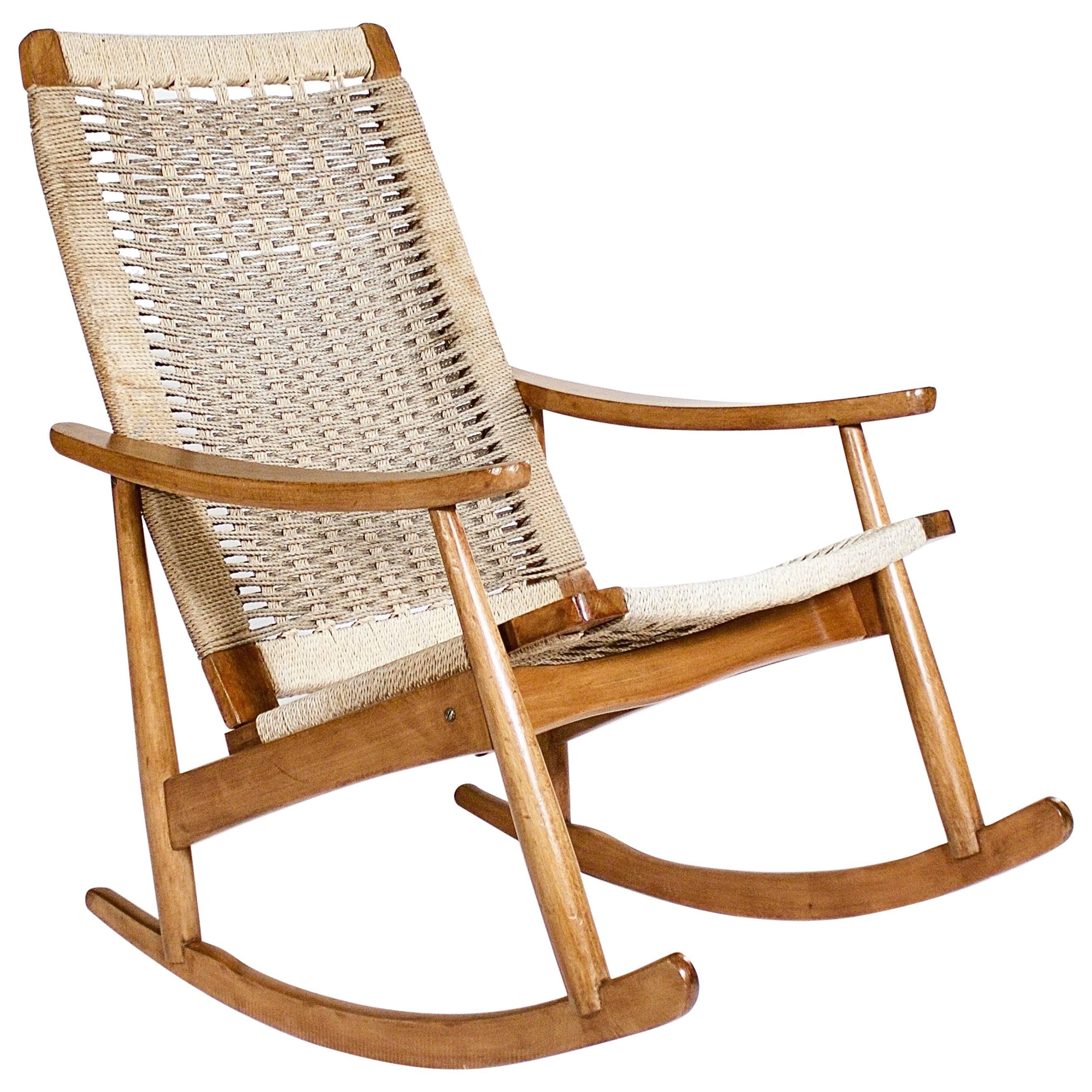 Teak Rocking Chair with Cord Strung Seat and Back For Sale