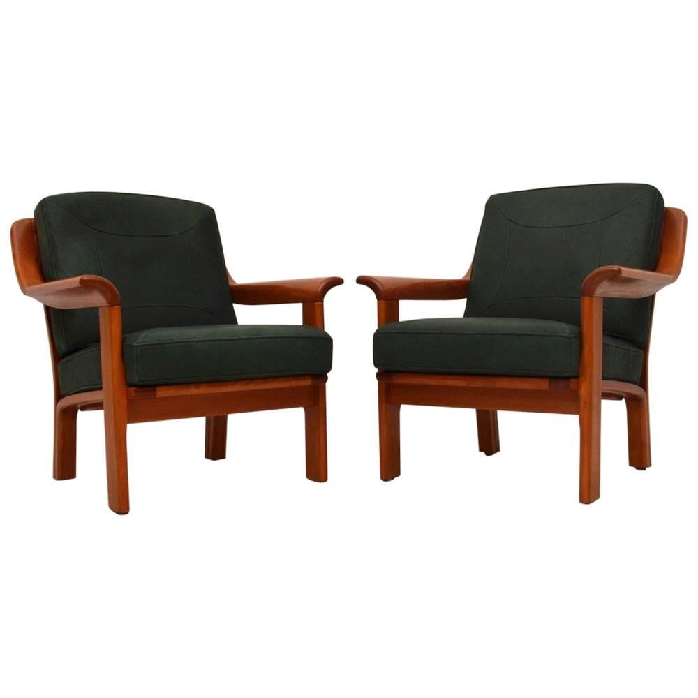 Pair of Danish Retro Teak and Leather Armchairs, Vintage, 1970s